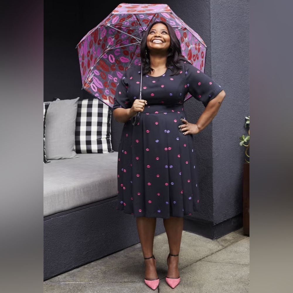 Melissa McCarthy Seven7 black pink purple kiss me lip print pleated dress 2X - Picture 2 of 8